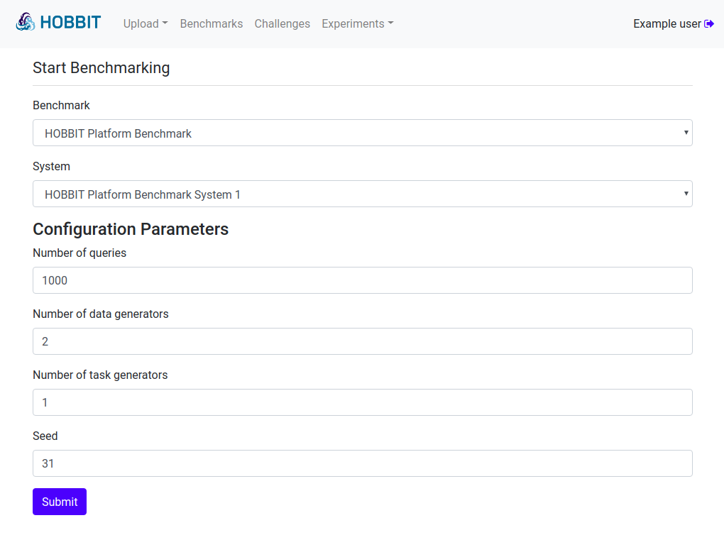 Configuration of a benchmarking experiment. (b) Select the system and configure experiment.