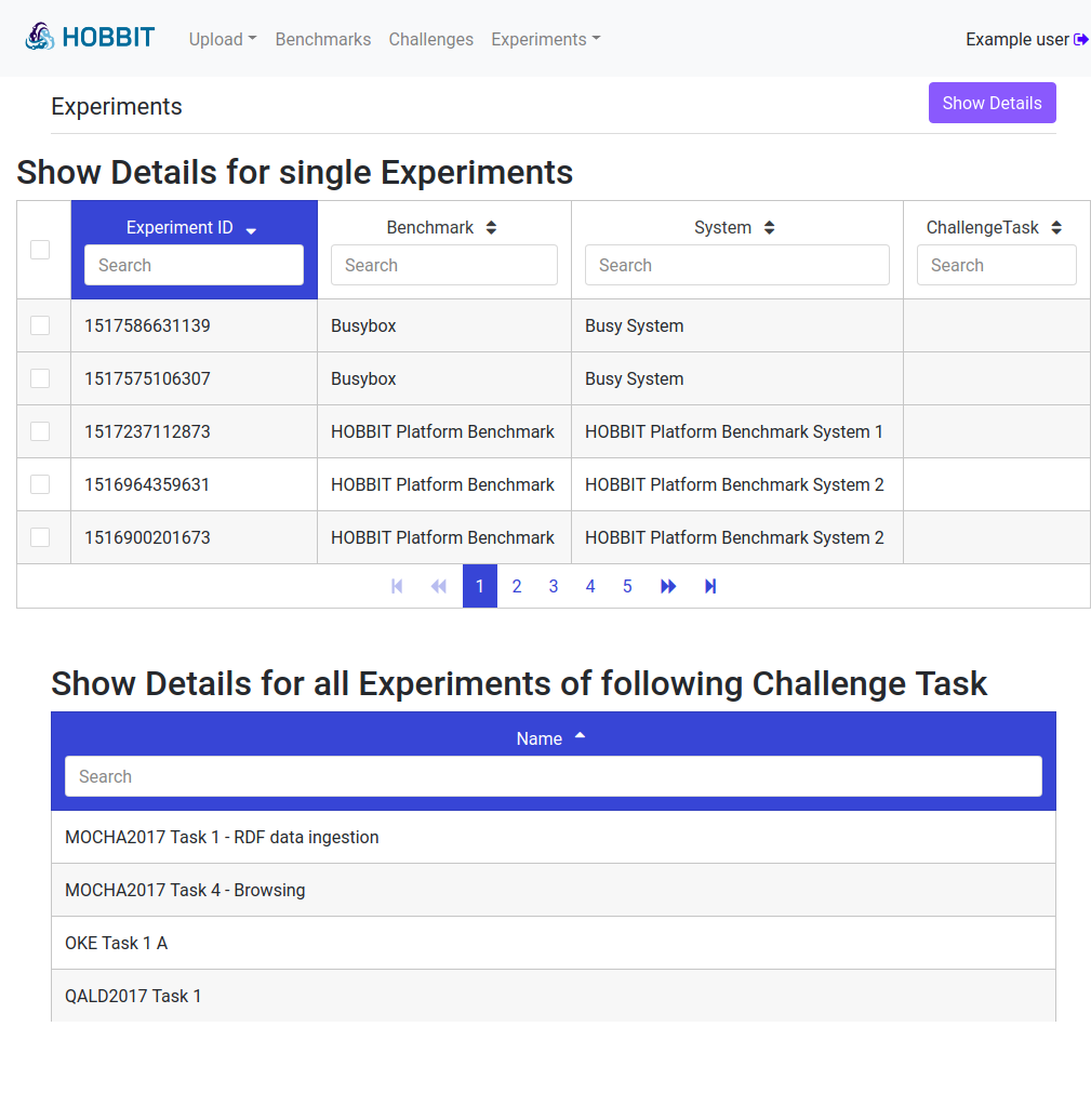 Experiments result page (tables have been shortend for this picture).