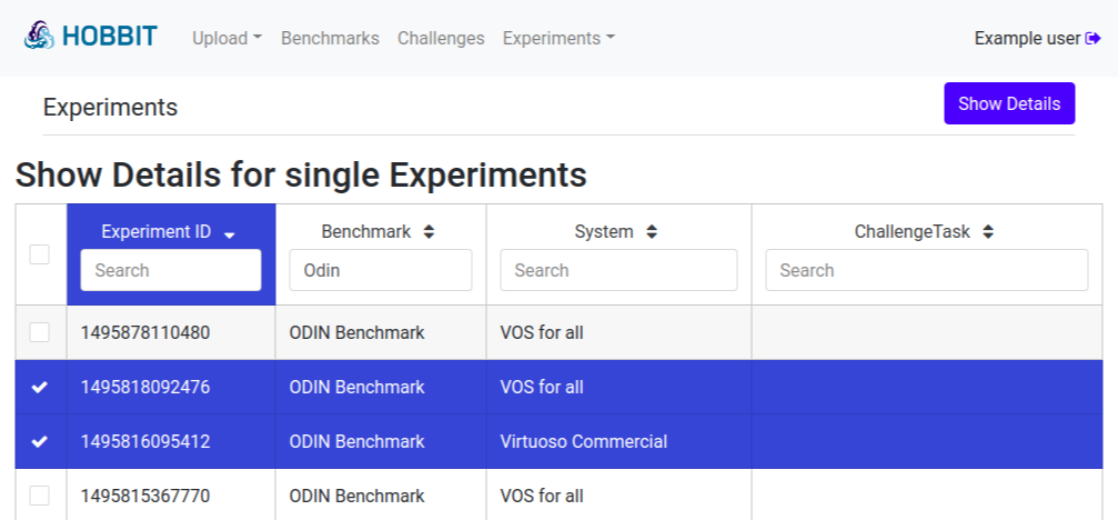 Selecting experiments for displaying result.